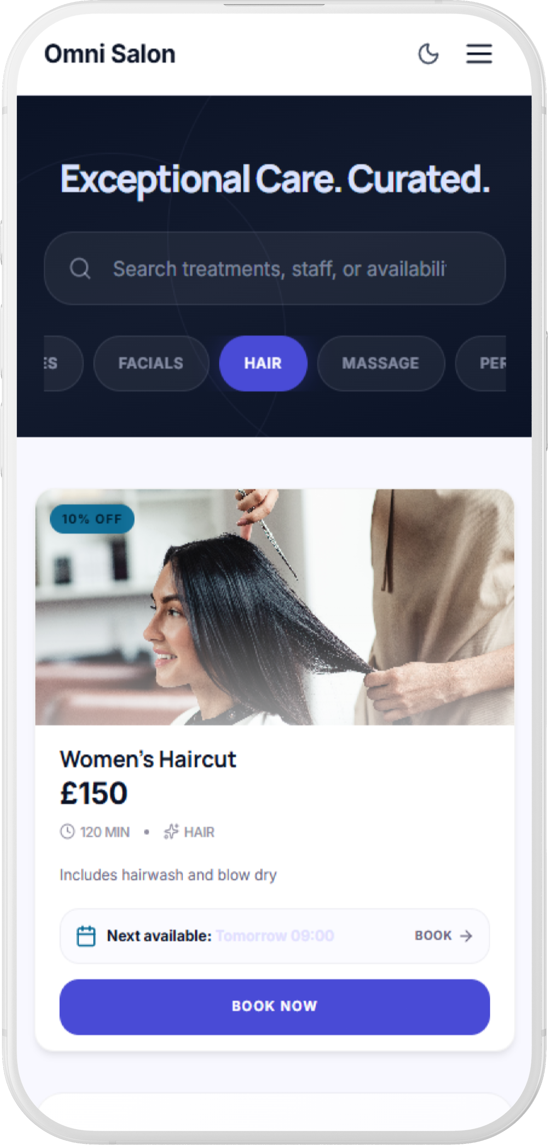 Omni Salon mobile booking app on iPhone